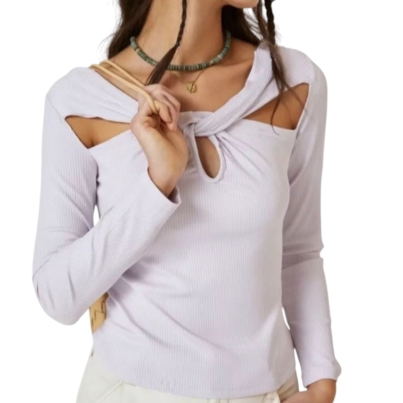 Anthropologie Top Purple Long Sleeve Twist Cutout Rib Knit Shirt Medium - Picture 2 of 7